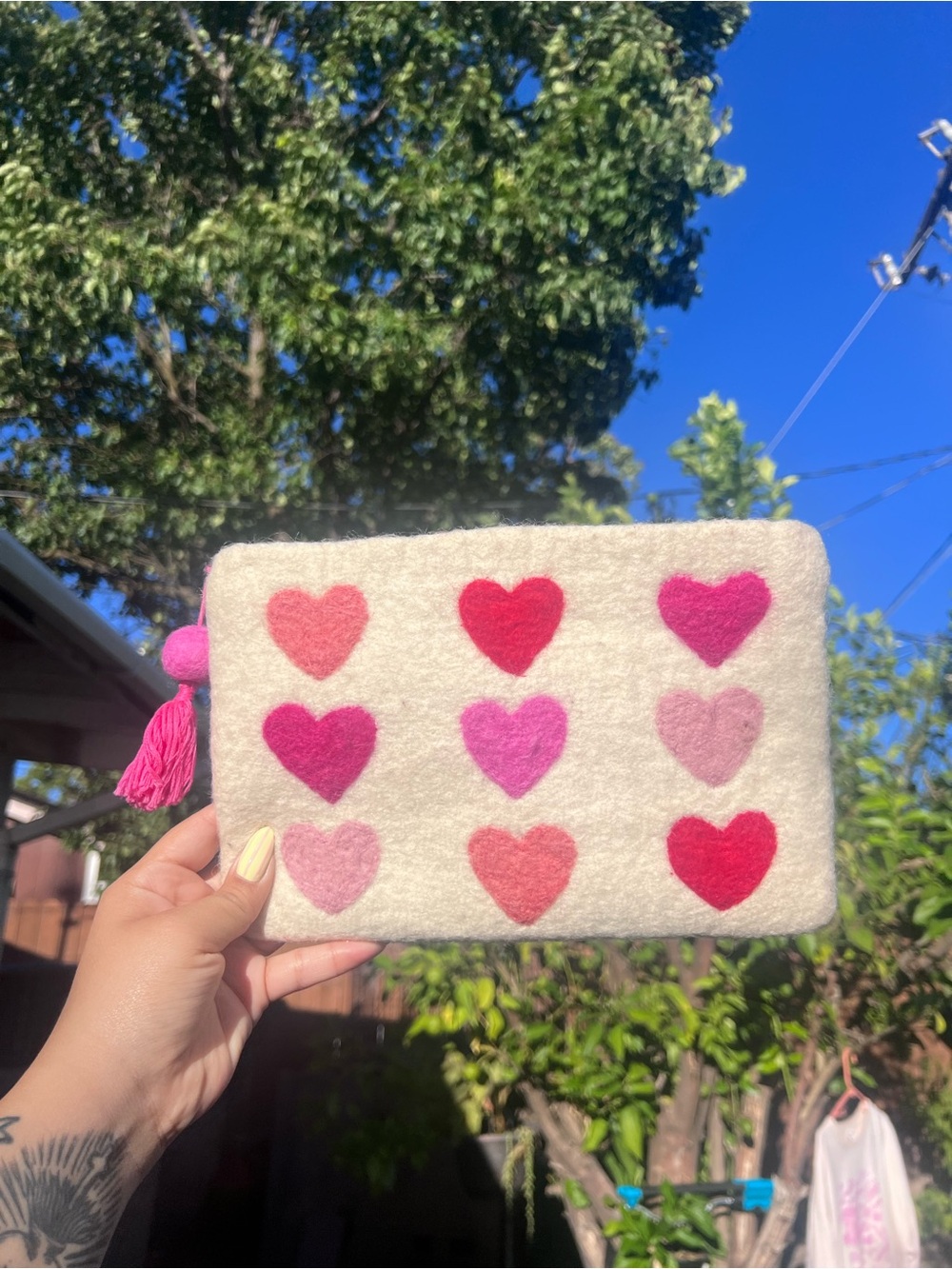 Felt Heart Zip Pouch — Cream with Pink & Red Hearts